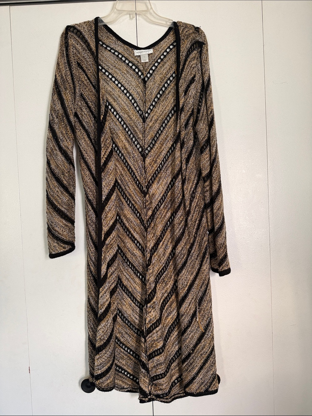 Christopher & Banks Black and Tan Chevron Open-Knit Long Cardigan